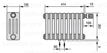 Схема (чертеж) Радиатор Zehnder Charleston 4026/9 №V008 Белый глянцевый RAL 9016